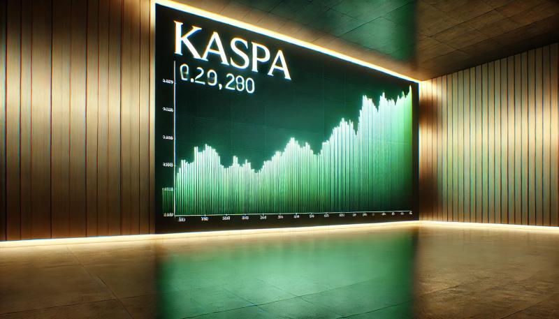 a green graph with an upward trend, symbolizing growth in the Kaspa (KAS) price prediction. The bold 'KASPA' text is displayed prominently to the side, emphasizing the cryptocurrency’s projected increase